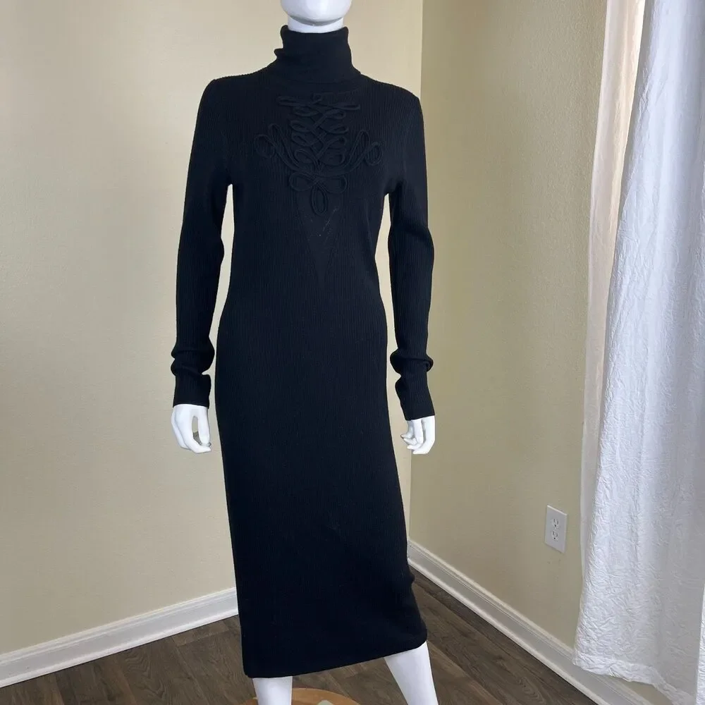 DVF Women Size L Black Wool Jersey Knit Midi Sweater Dress Capsule Minimalist